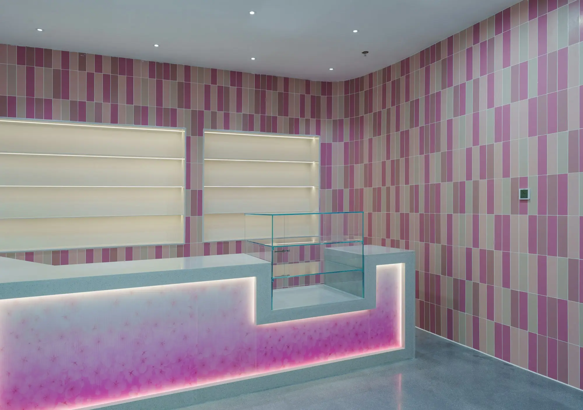 A small retail counter with a glass display case, the kind of business that borrows by the amount it needs