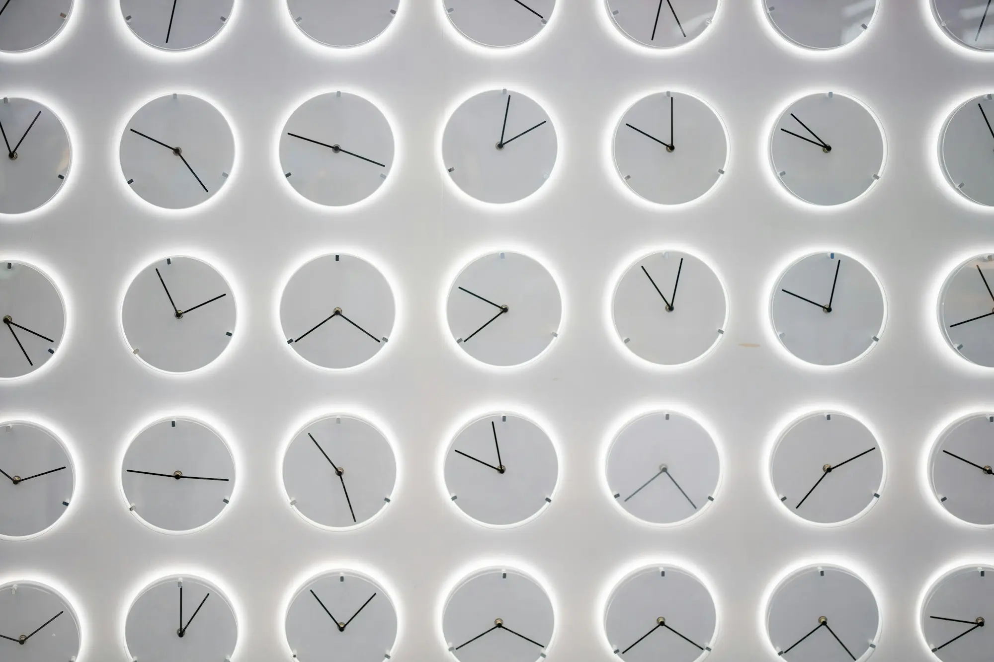 A white wall covered in clocks, the timing questions behind a no-term business loan